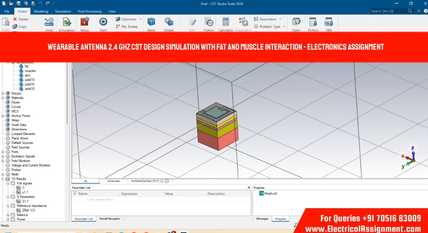 Wearable antenna 2.4 GHz CST design simulation with fat and muscle interaction - Electronics Assignment screenshot 7